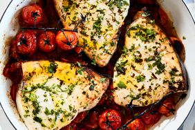 herby broiled swordfish with roasted cherry tomatoes