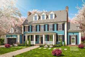turquoise home with black shutters and white trim