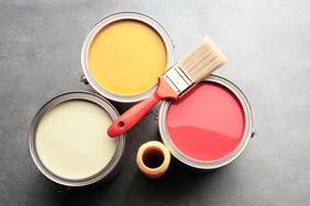 Cans of paint with brush 