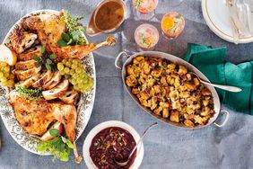 turkey, gravy, relish, drinks, and stuffing
